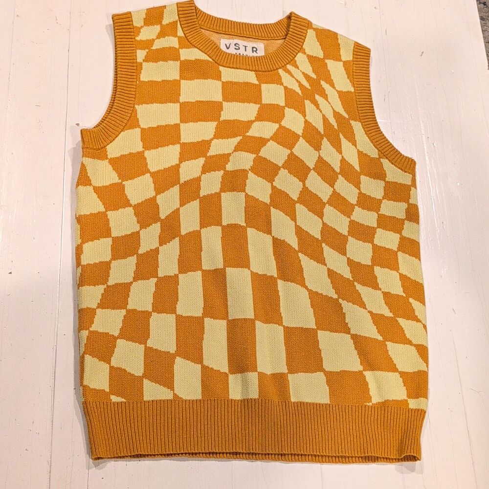 VSTR Checkerboard Knit Sweater Vest Women Size S Yellow Cream Retro 70s
